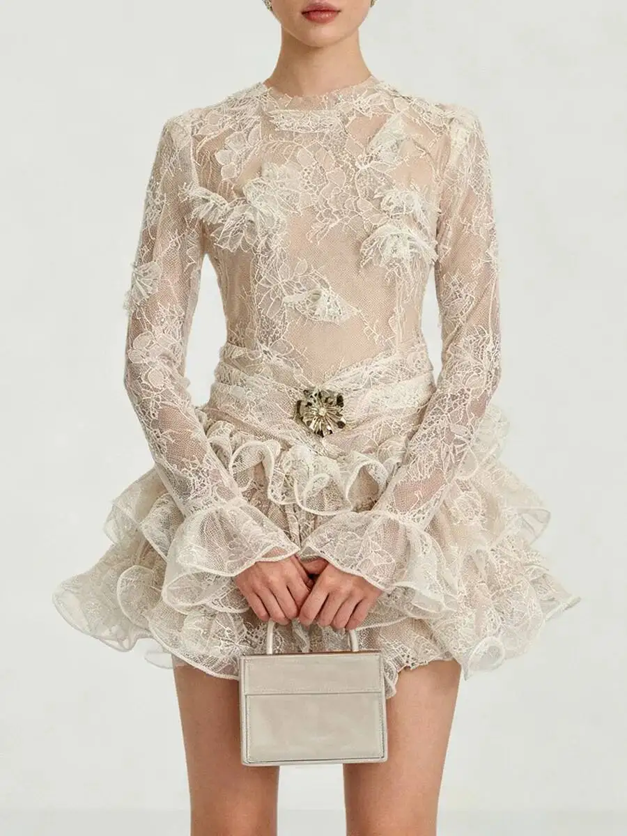 QMQA فساتين نسائية أنيقة شفافة مكشكشة قابلة للطي فساتين صغيرة رقبة مستديرة وأكمام طويلة مرقعة فستان مطرز جديد QM993