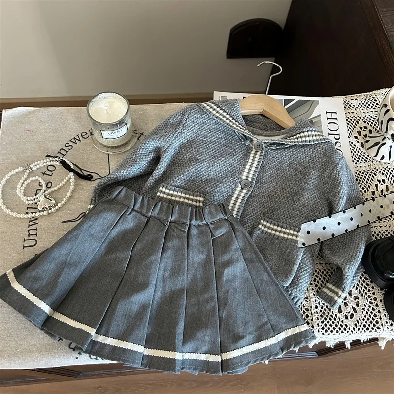 

Girls Suit 2024 Autumn New Childrens Clothes Korean Style Girls Baby College Style Knit Cardigan Pleated Skirt Two-piece Set