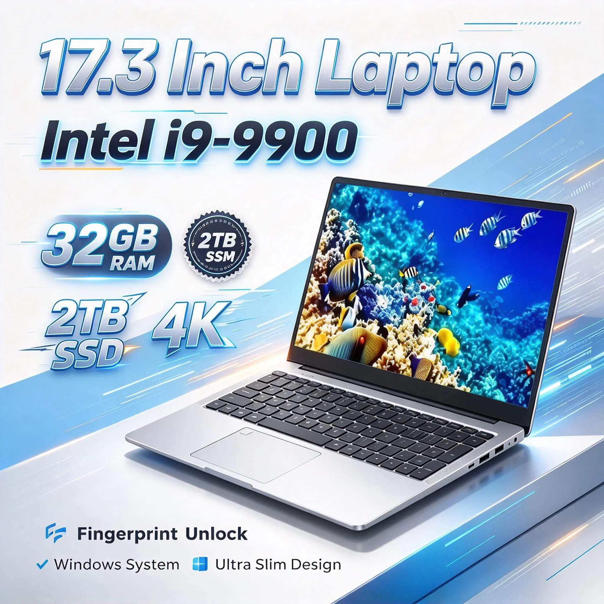 Intel Core i9 9900 17.3 Inch Laptop 32GB RAM 2TB SSD Fingerprint Unlock Full HD Screen High Performance Work Gaming Max 206