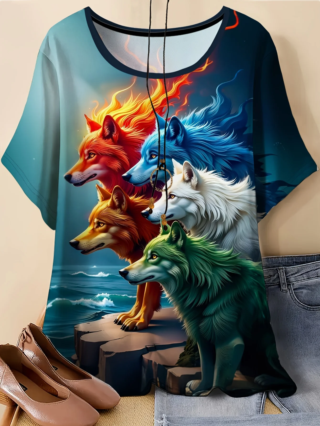 Women Crew Neck Short Sleeve T‑Shirt, Colorful Mystic Wolf Pack Ocean Cliff Waves Fantasy Graphic Casual Summer Tee