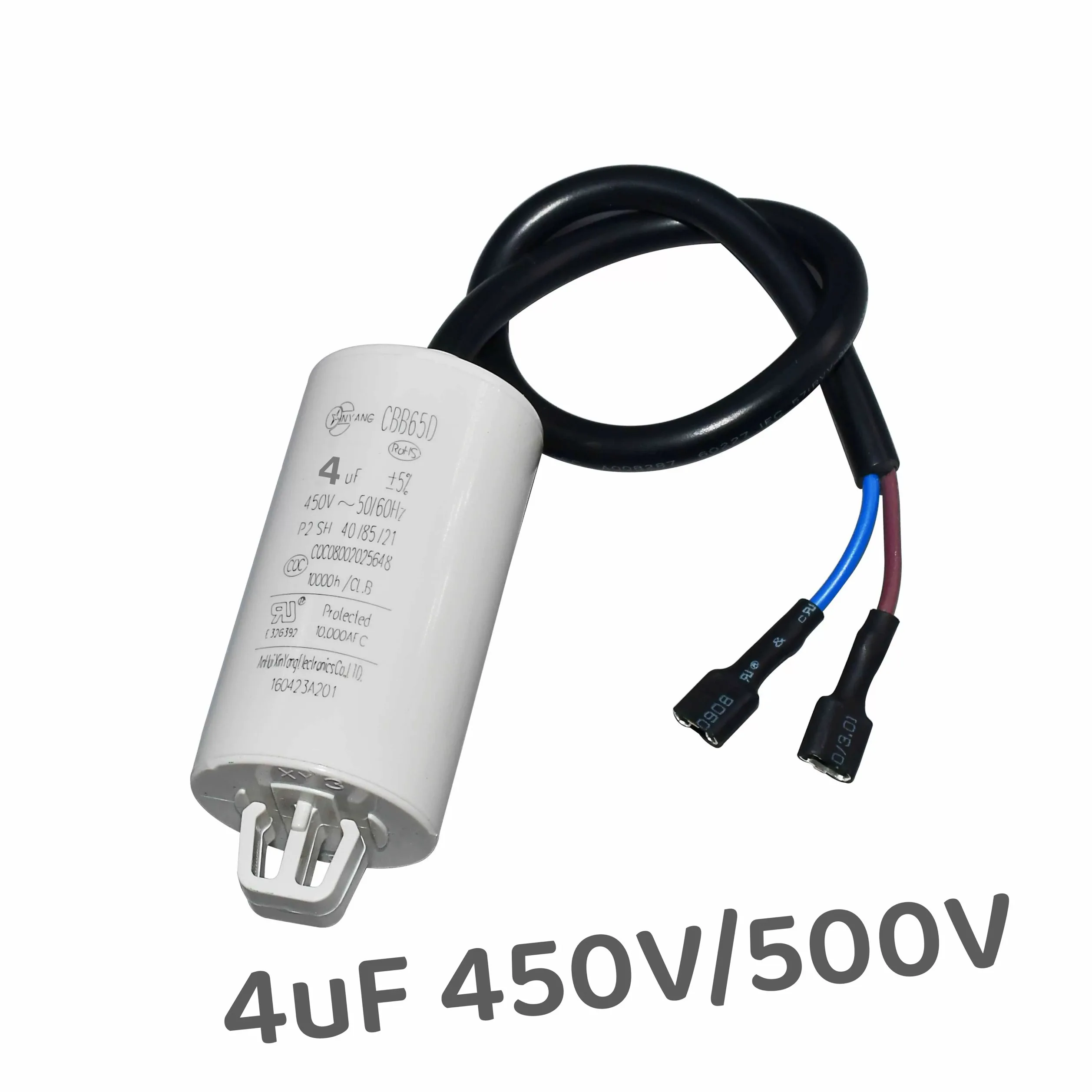 （1Pcs）CBB65 Refrigerator Freezer Capacitor with wires with Hook Starting Capacitor CBB65A-2 2.5uF 3UF 4UF 450V