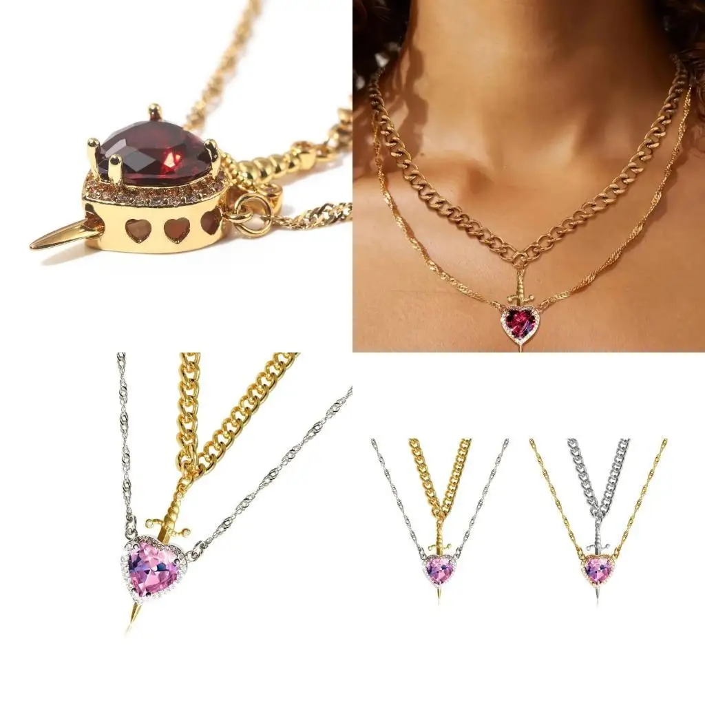 A52E Heart Swords Pendant Necklace Neck Jewelry for Valentine's Day and Anniversaries