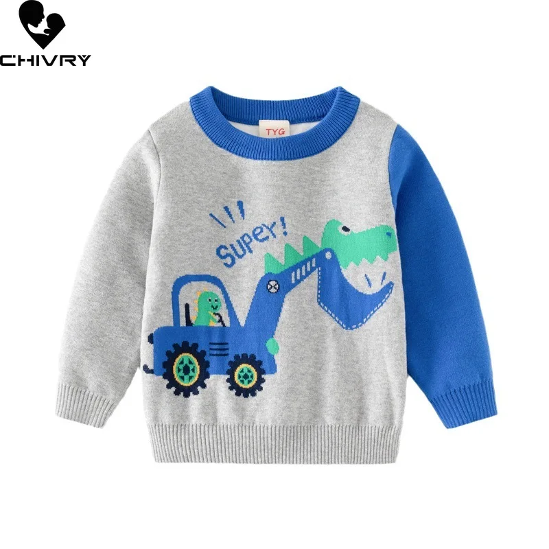 Neue Herbst Winter Baby Jungen Rundhals Pullover Pullover Kinder Cartoon Dinosaurier Bagger Jacquard Strick pullover