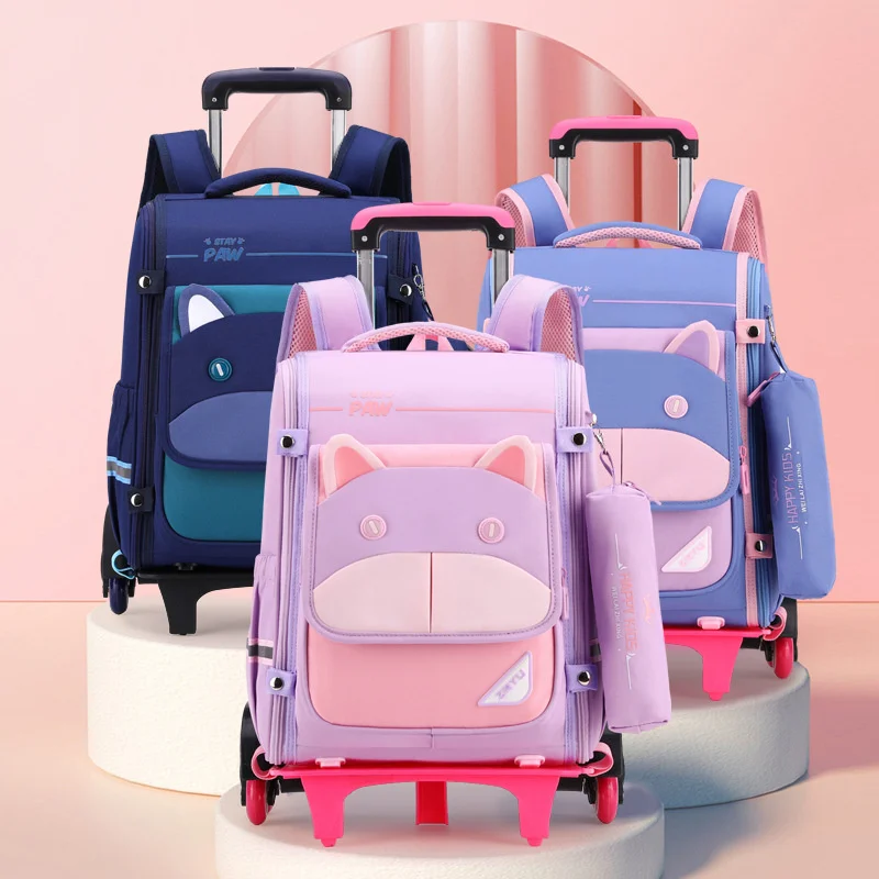 children school backpack with wheels cute blue pink book bag pencil set detachable trolley s for girls