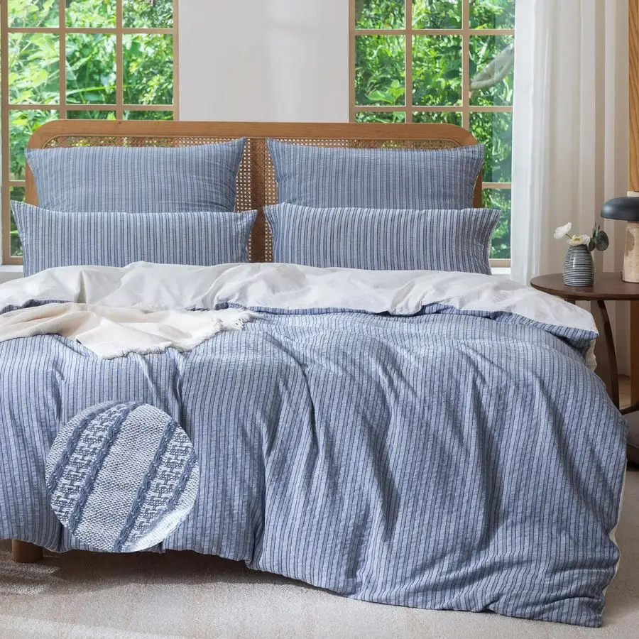 

Jacquard Stripe Duvet Cover 100 Washed Cotton Blue Boho Textured Comforter Cover Set with Zipper Closure 90x90