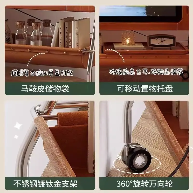 Medieval style mobile TV cabinet with roller small apartment living room bedroom household solid wood TV bracket Nordic style