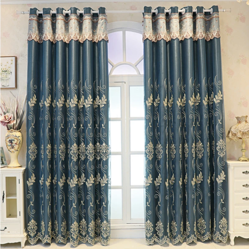 Embossed Villa Curtains for Living Dining Room Bedroom Embroidered European Luxury Curtains Rich Blue Curtains Tulle Integrated