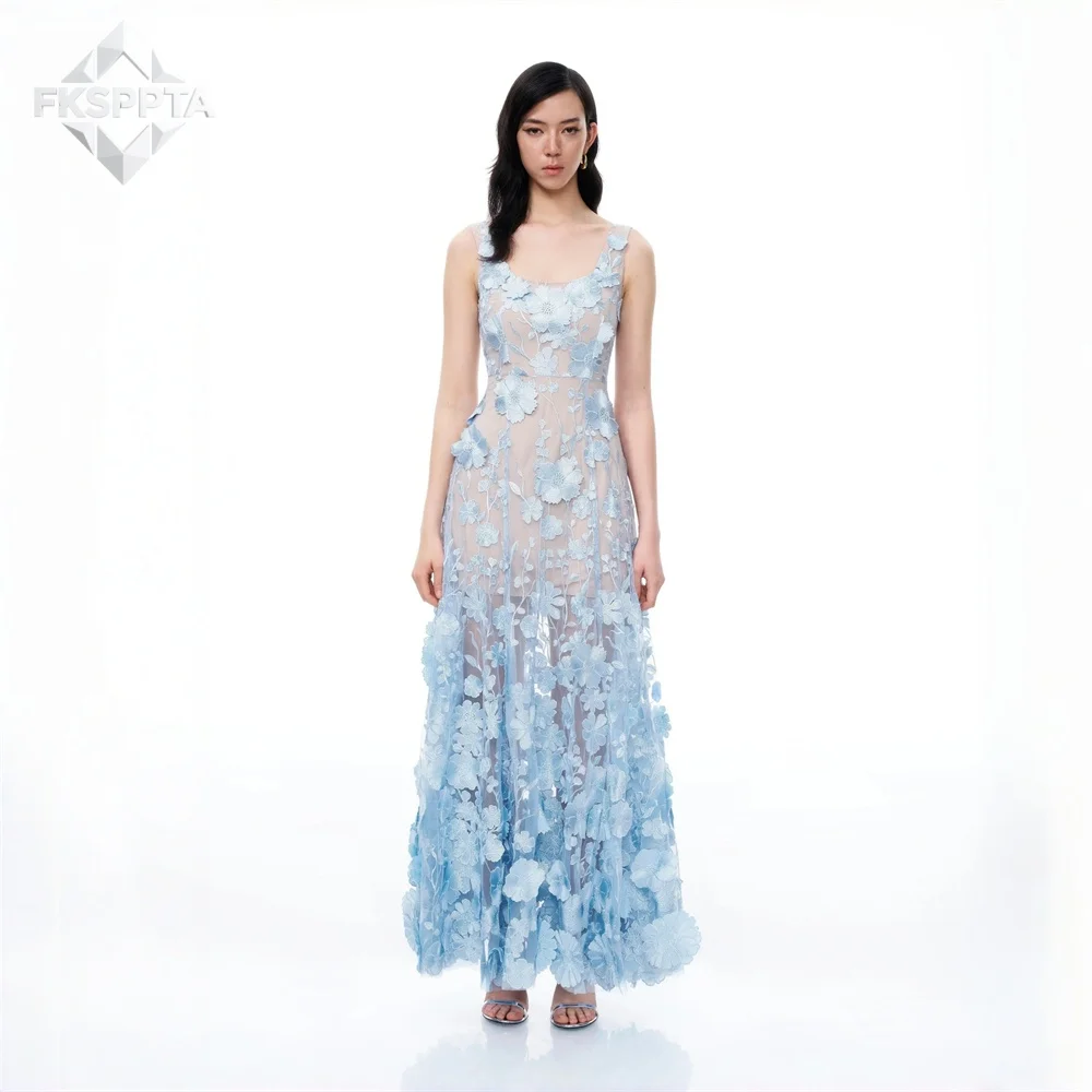 Charming Long Baby Blue Lace Evening Dress A Line See Through Floor Length 2026 Custom Made Women Formal Gowns For Prom Party