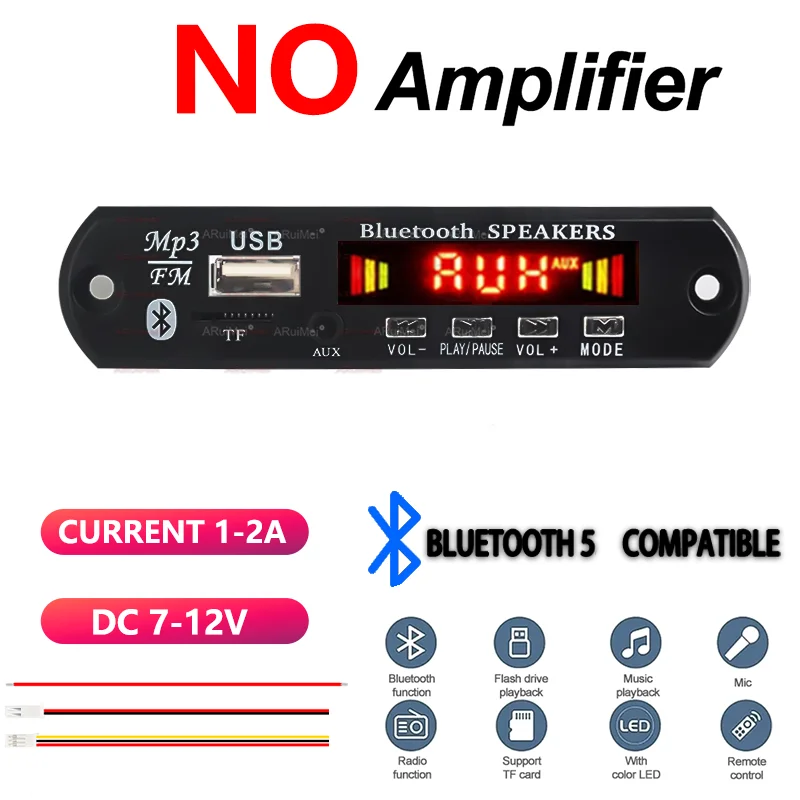 2PCS Bluetooth 5.0 Audio Amplifier Receiver Kit with Remote Control, Compact Plastic Case, DC 7-12V for Car Home DIY