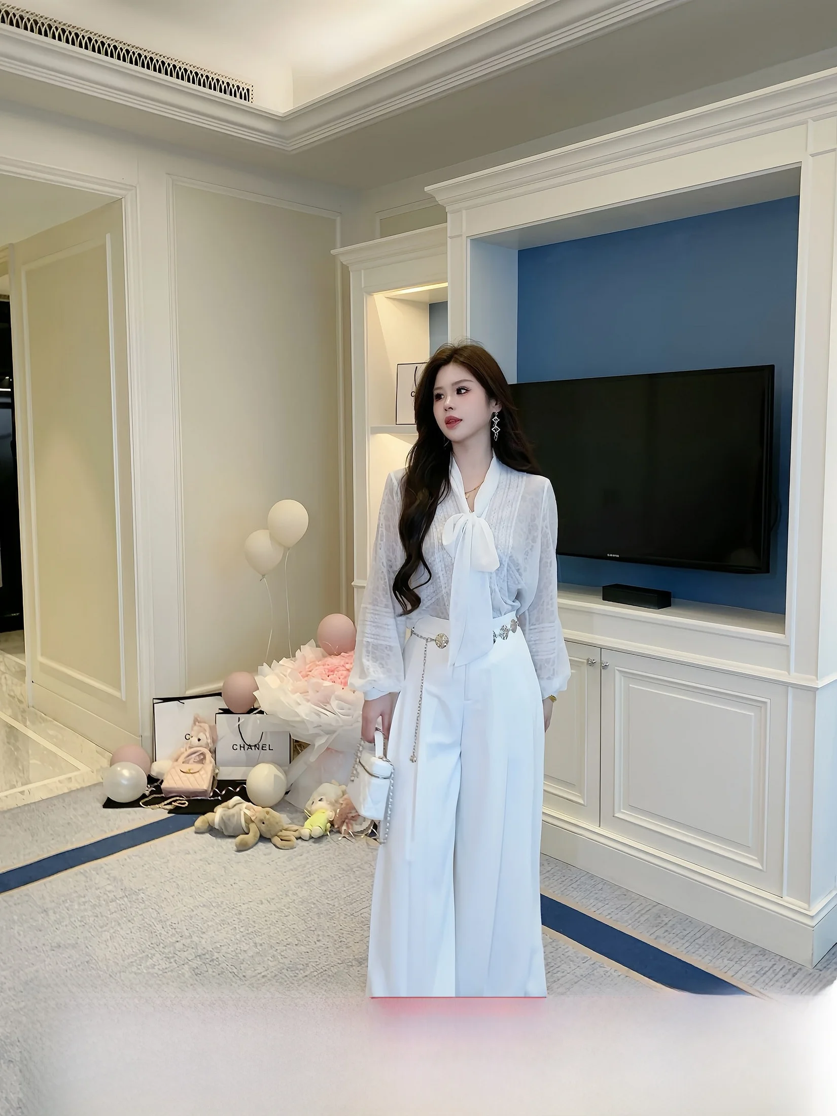 

Xiaolong Korean Style Wide Leg Pants Women's Summer Casual Trousers Floor Length Drapey Loose Fit Comfortable Polyester