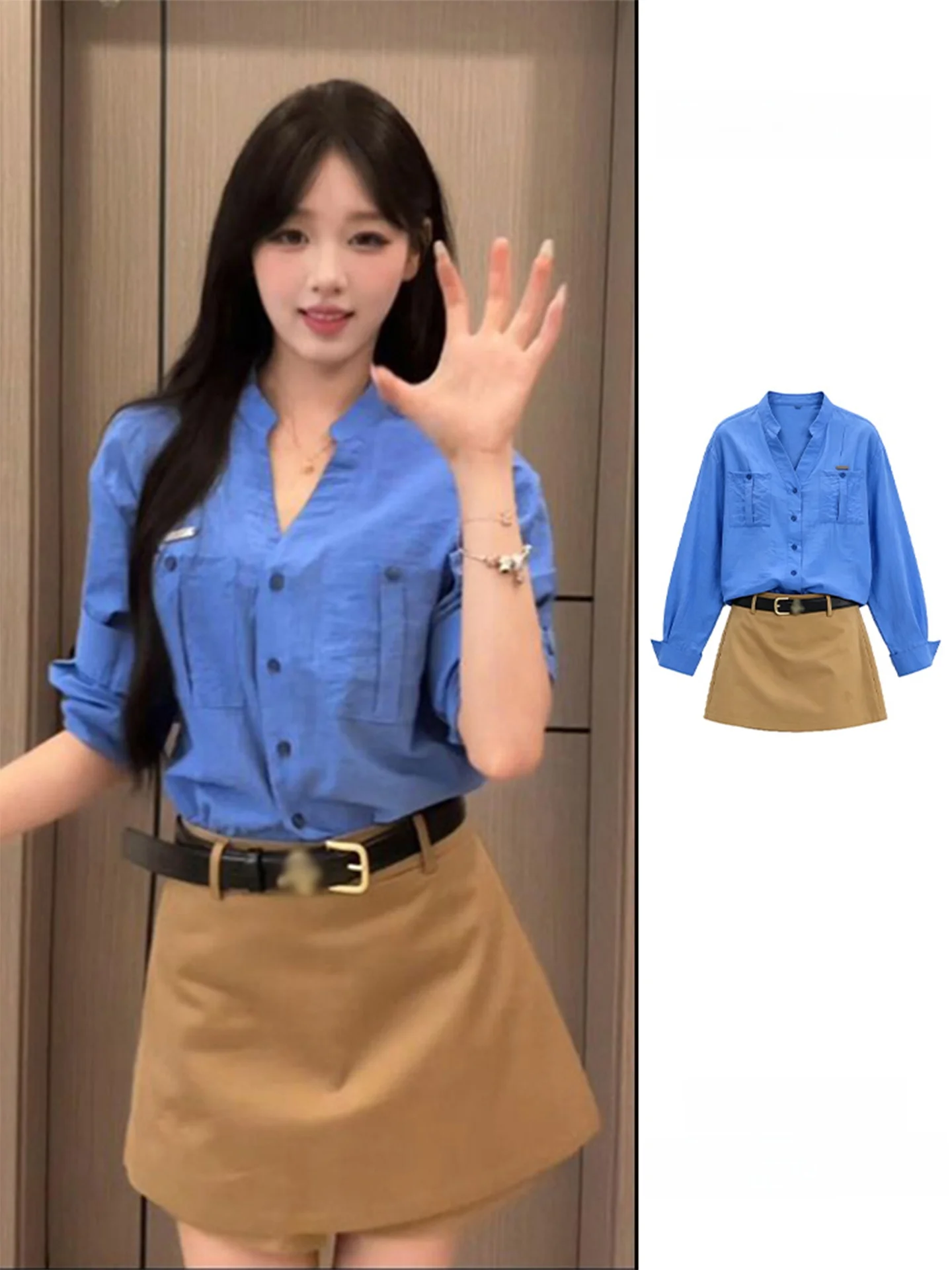 Korean Style Klein Blue Commute Shirt Set Women's Early Autumn High Waist Short Skirt Pants Two-Piece Set Casual Fashion