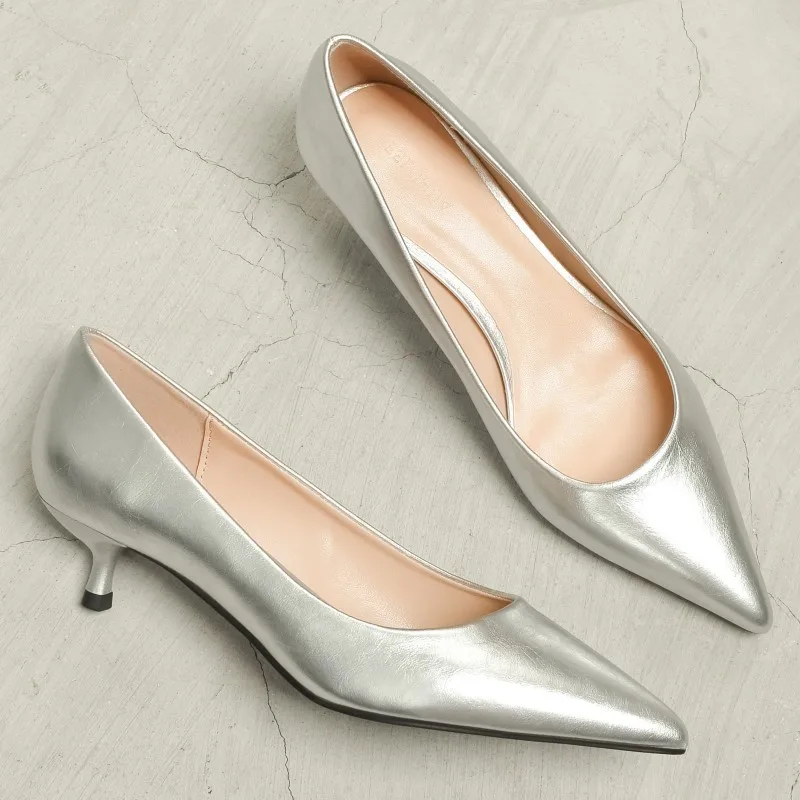Silver Spring Autumn New Style Small Heel French Pointed Toe Work Shoes Women's Elegant Thin Heel Single Shoes Sharp Pointed Toe