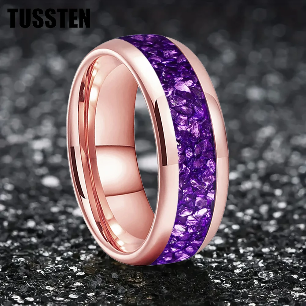 

TUSSTEN 8MM Men's and Women's Wedding Tungsten Ring Purple Crystal Stone Inlaid Comfortable Fit