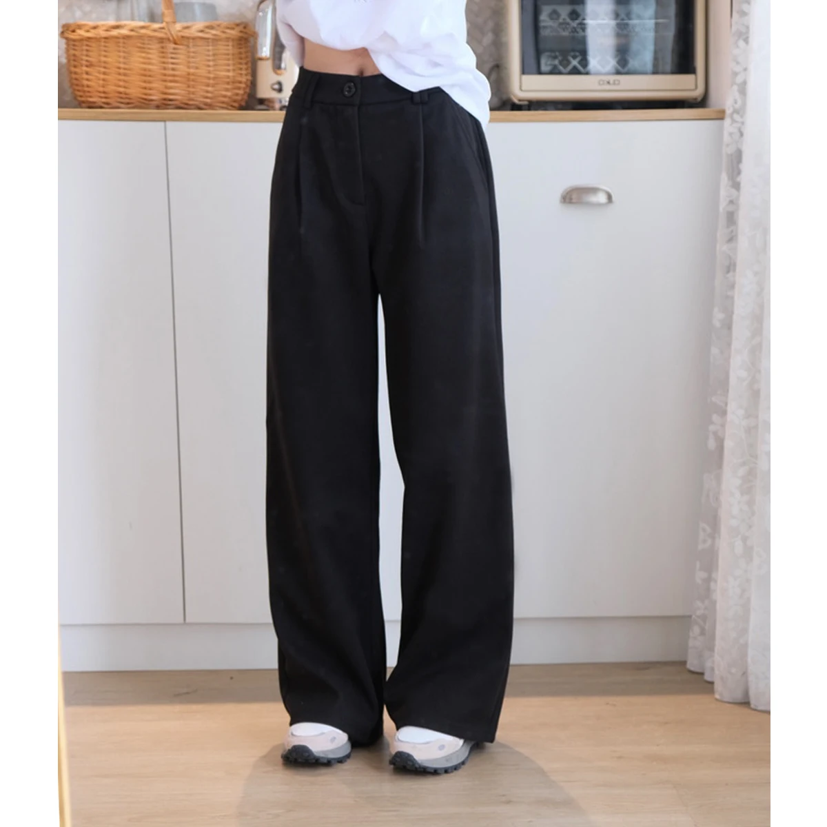 

Шерстяные повседневные брюки с высокой талией Футболка Год Осень Зима Свободные длинные брюки с девятью очками Thiened Straight Tube Commute S...