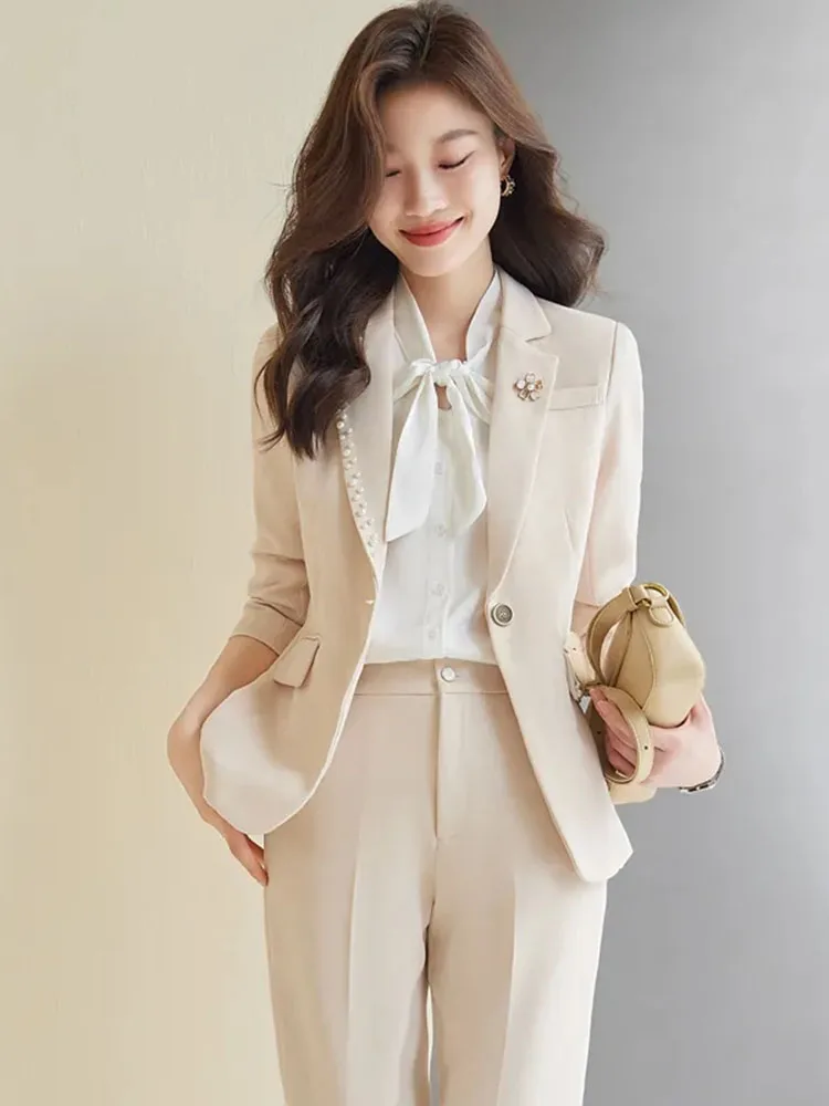 Women Office Suit 2 Pieces Sets Elegant Chic Design Ol Slim Long Sleeve Coats Tops Korean Formal High Waist Straight Pants 2024