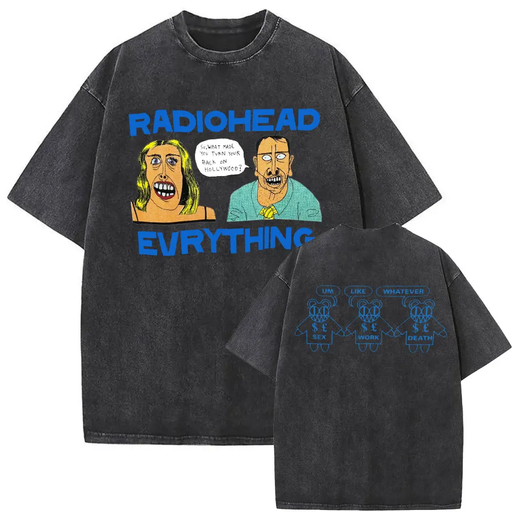 

Washed Vintage Radiohead Rock Band T-shirts Hip Hop Everything Music Album Graphic T Shirts Men Women Fashion Black Streetwear