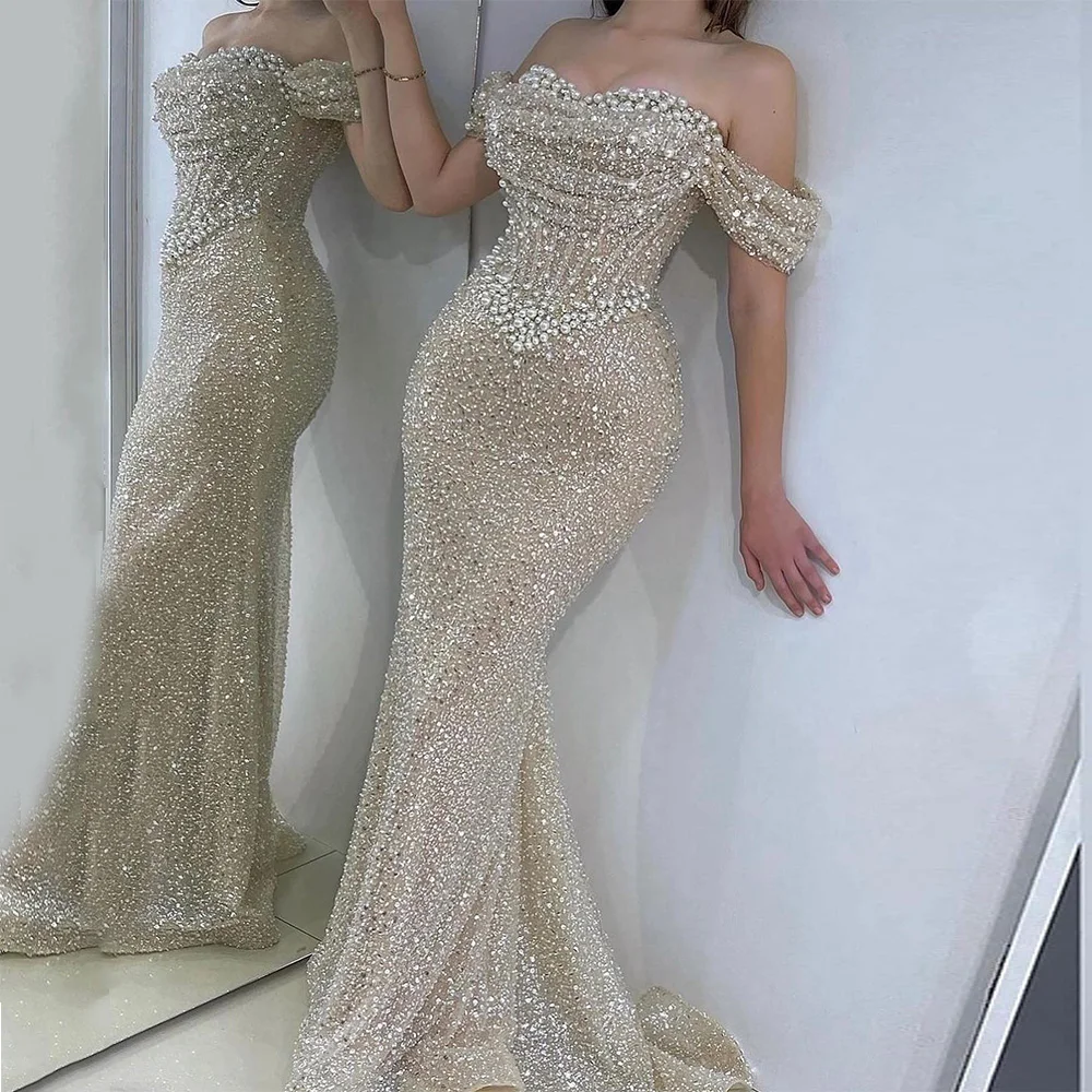 Pearls Evening Dress for Weddings Customized Off The Shoulder Sweetheart See Through Sequined Mermaid Prom Gown Dancing Dress