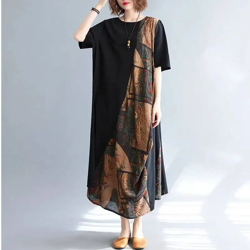 # 3995 Sommer Farblich Abgesetztes Asymmetrisches Bedrucktes Langes T-Shirt-Kleid Damen Kurzarm Locker Knöchellang Strand A-Linien-Kleider