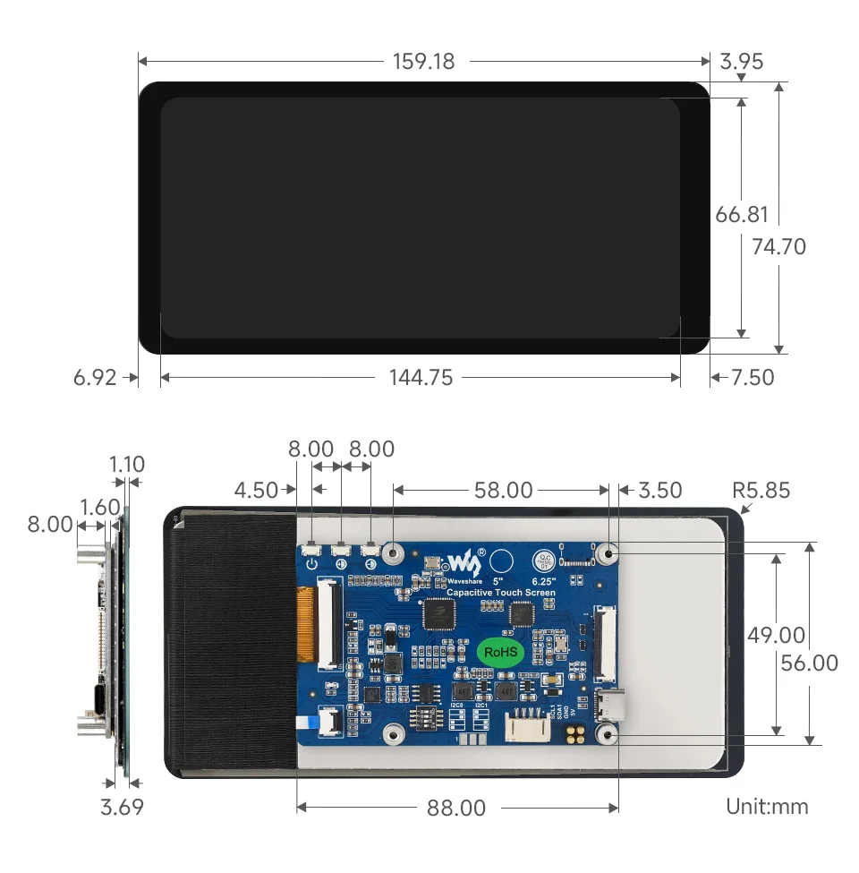 6.25inch DSI capacitive touch display, outline dimensions