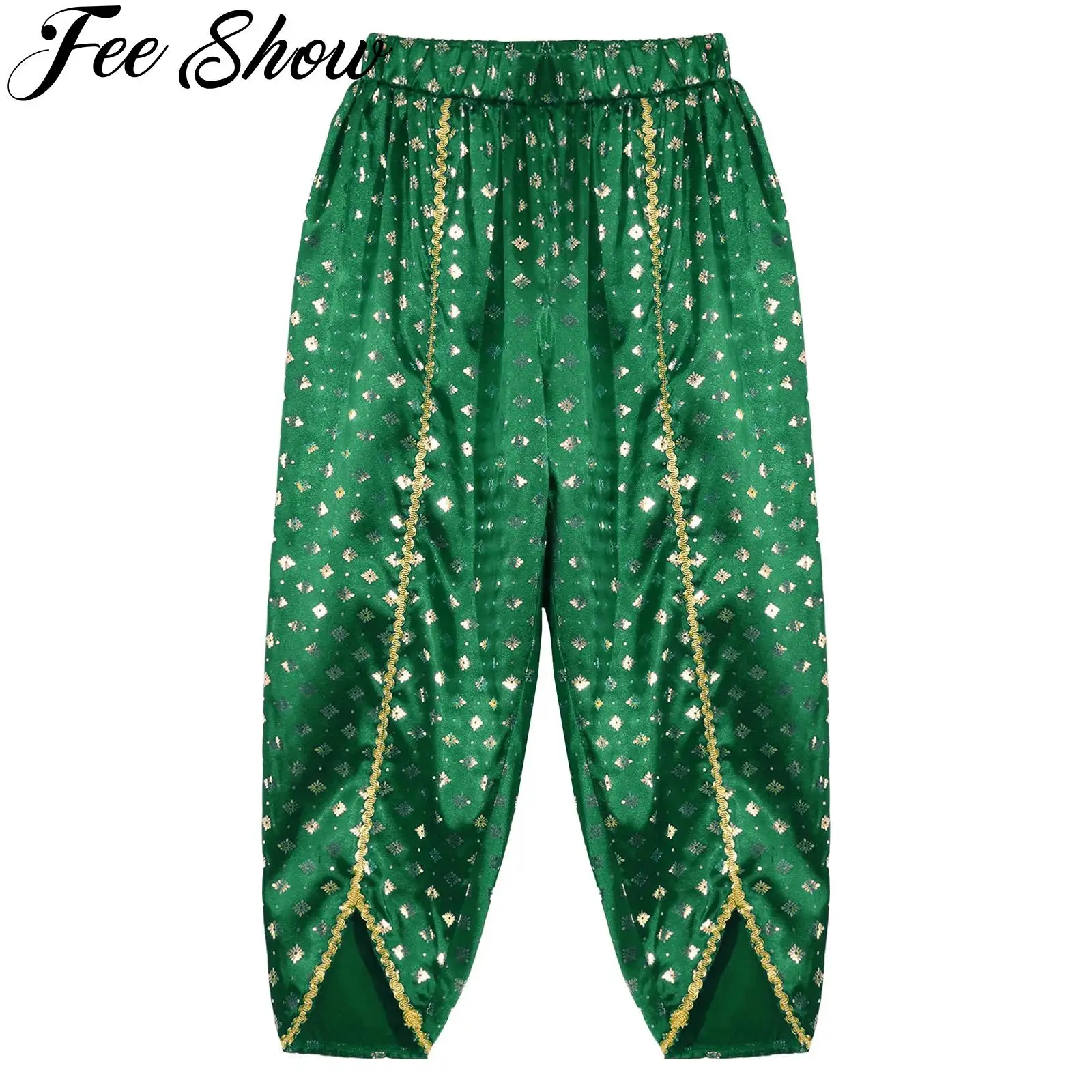 Kids Girls Indian Ethnic Dhoti Pants Elastic Waistband Gold Trim Metallic Print Satin Trousers Halloween Theme Party Costume
