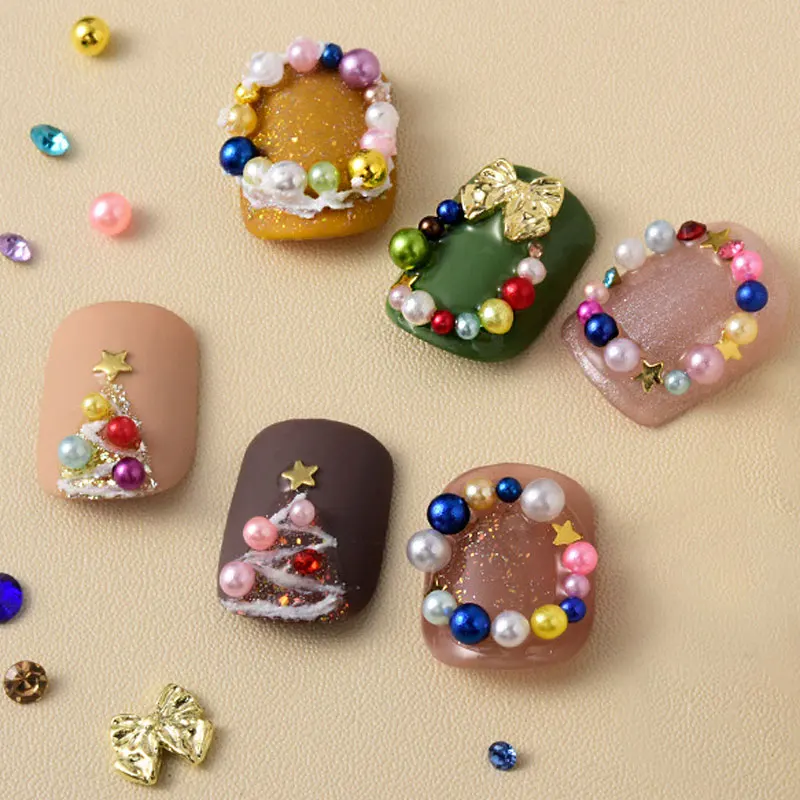 12/6 griglie Natale rosso/verde perla strass per unghie formato misto 3D perline rotonde colorate ciondoli per unghie accessori per manicure fai da te