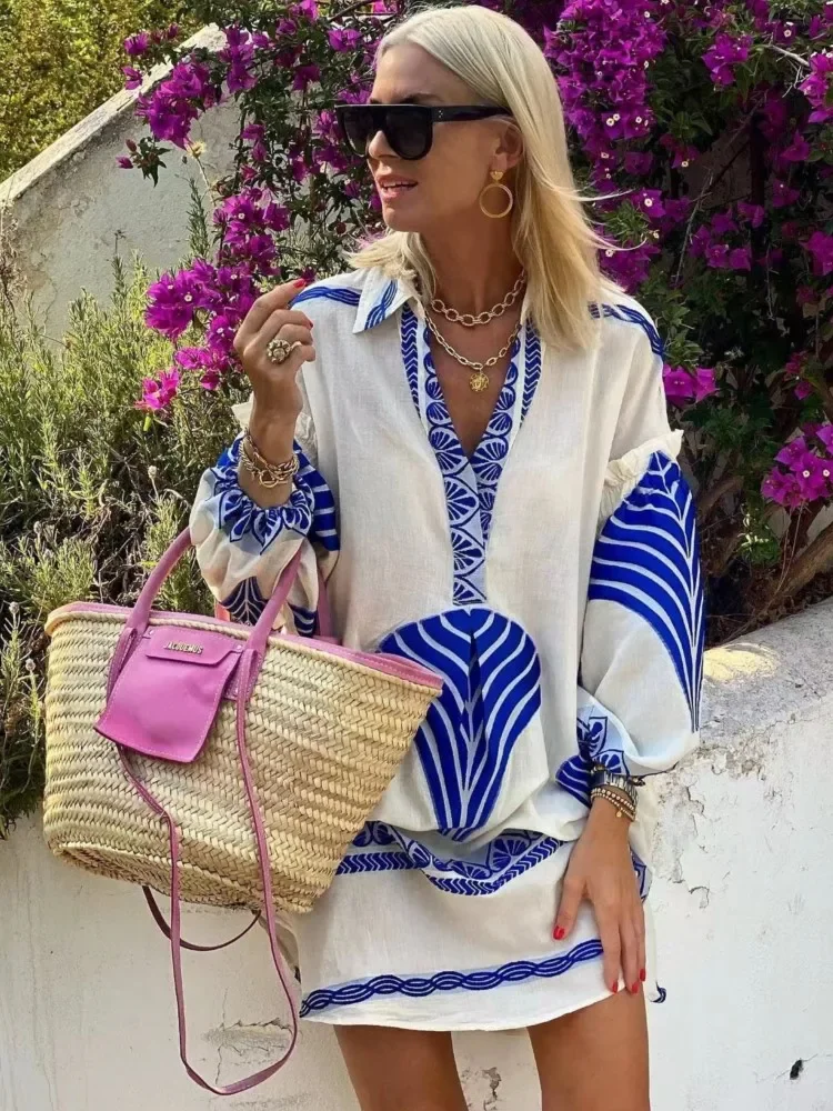 BWQ Casual Beach Vacation Long Shirts Midi Dress For Women Long Sleeve V-neck Top Female Summer Holiday Loose Lady Work Tops