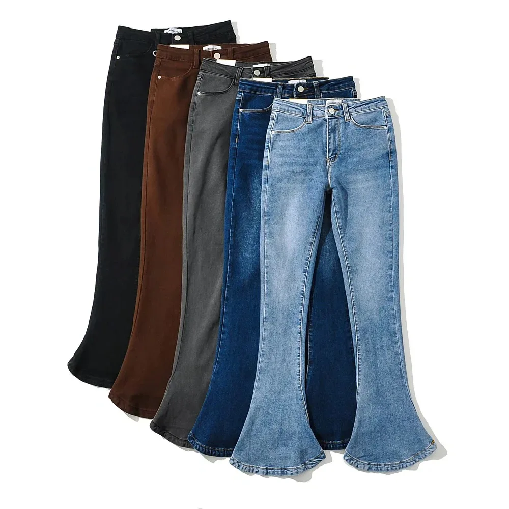 Pantaloni lunghi a ferro di cavallo in denim elasticizzato a vita alta retrò American Four Seasons Hot Girl, jeans micro svasati casual da donna