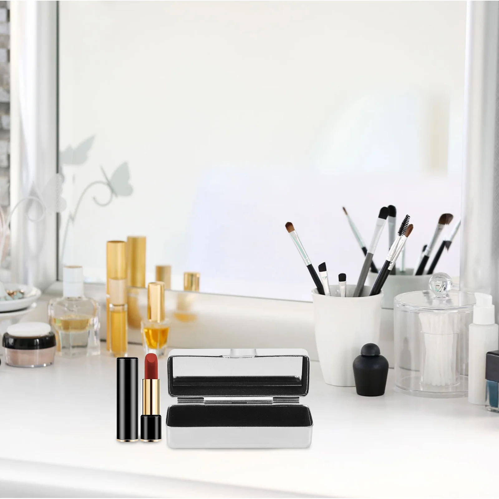 2 قطعة صندوق أحمر الشفاه منظم مكياج معدني ريترو مع مرآة حقيبة تخزين محمولة لأحمر الشفاه وأسطوانة الزيت العطري