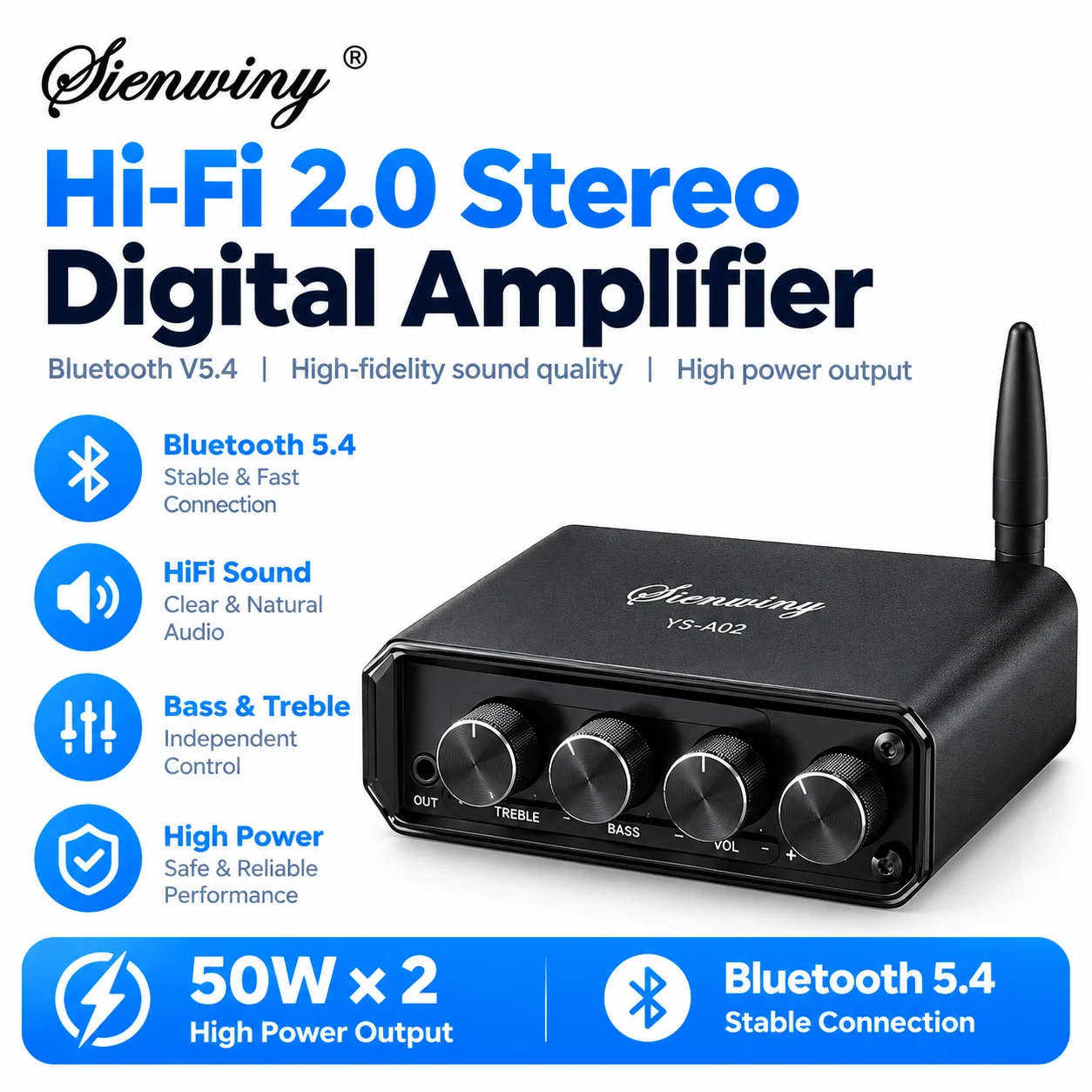 SIENWINY-785 Bluetooth 5.4 TPA3116D2 HiFi Stereo Amplifier Board 2.0 Channel 50W x 2 Power Amp Bass Treble Control