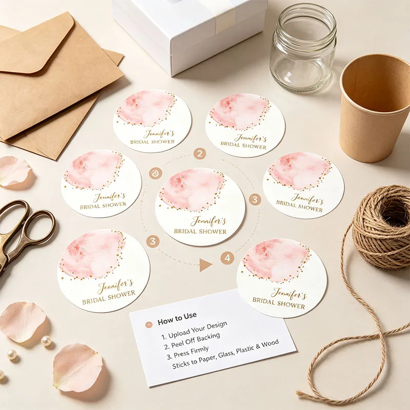Custom Blush Pink Gold Confetti Round Stickers Personalized Name Pastel Pink Splash Glitter Dots Gift Box Packaging Stickers view 3