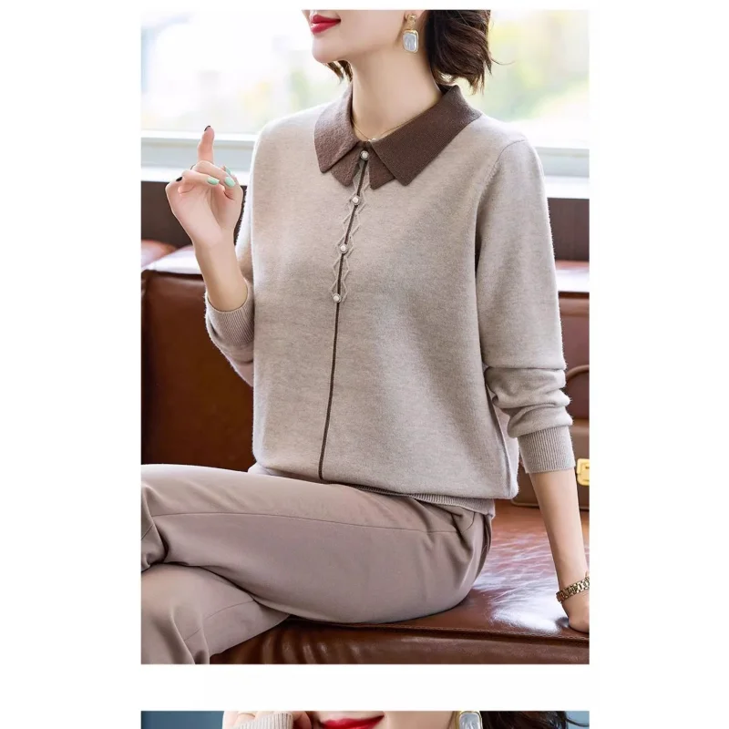 

Button Long-sleeved Pullover Lapel Casual Elegant Fashionable and Stylish Knitted Top