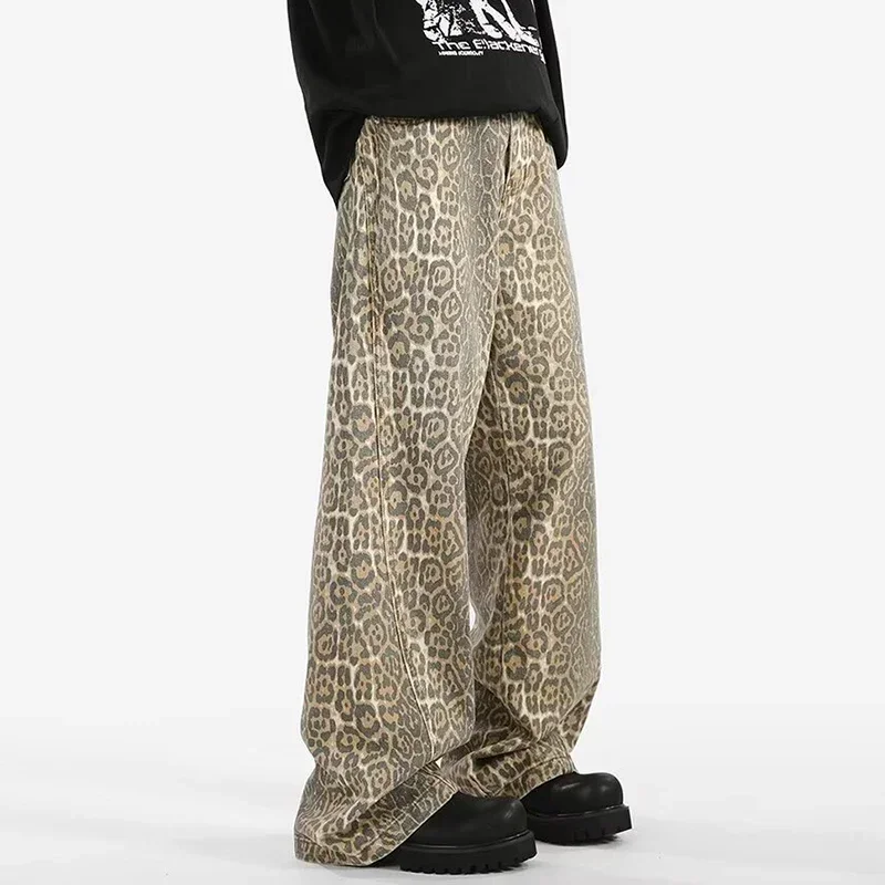 

New Lady Wide Leg Streetwear Denim Pants Woman Harajuku Fashion Leopard Jeans Girls Baggy Daily High Waist Casual Denim Trousers