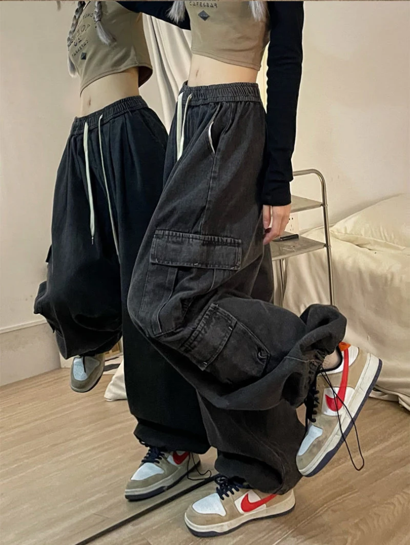 Grunge Hot Girl Vintage Lớn Bỏ Túi Quá Khổ Quần Baggy Hàng Hóa Quần Jean Femme Lưng Thun Thẳng Quần Ống Rộng Denim Nữ Quần Dài