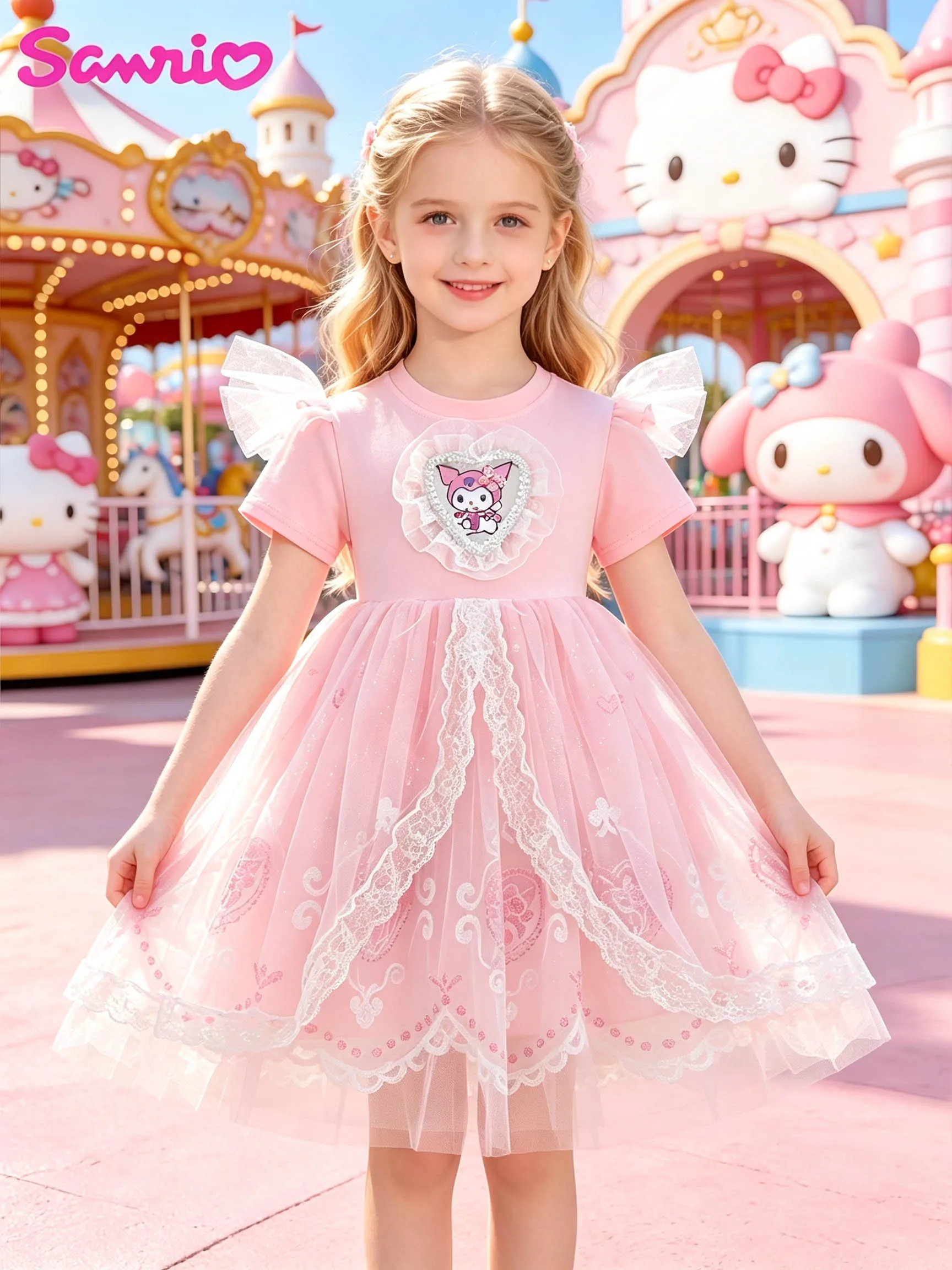 Robe de princesse rose Kuromi à manches courtes en dentelle pour filles, robe tutu scintillante en tulle à manches volantées