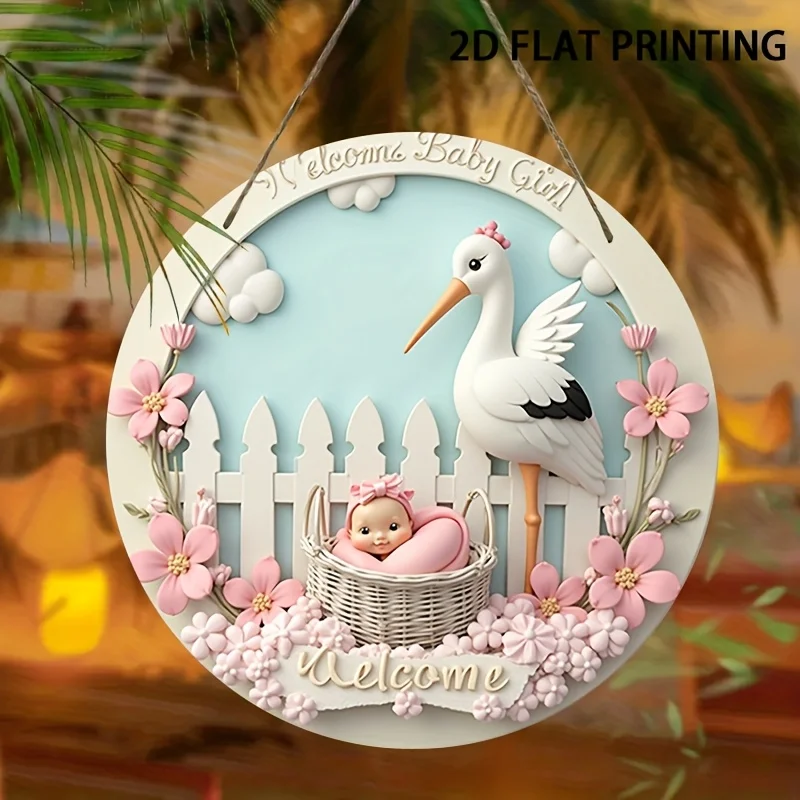 Plano 2D, 1 pieza, arte de pared redondo de bienvenida para niña, 20,32x20,32 cm, letrero de madera vintage con diseño de cigüeña y bebé en cesta, flujo rosa