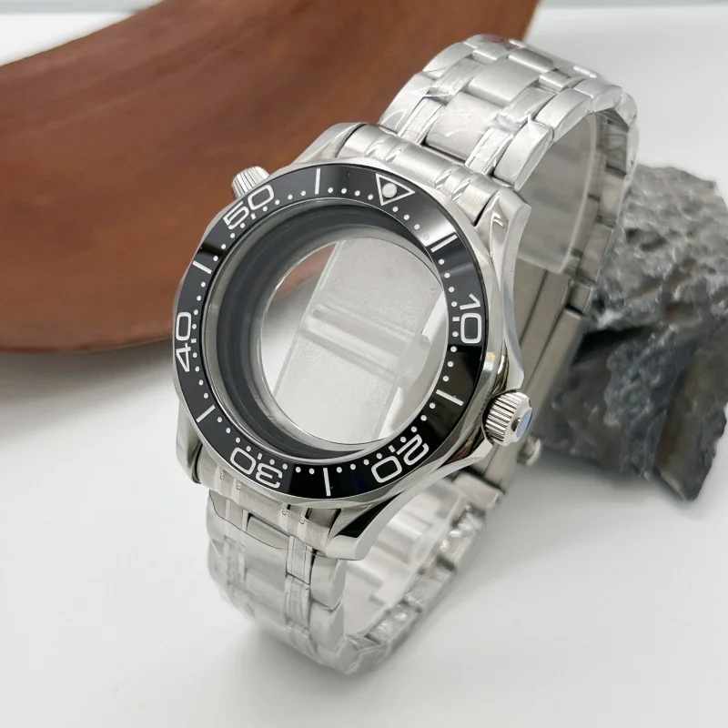 Vidrio Mineral de acero inoxidable plateado de 42mm para Omg300 NH35 NH36 NH70 funda deportiva impermeable para hombre banda de acero bisel cerámico sin logotipo