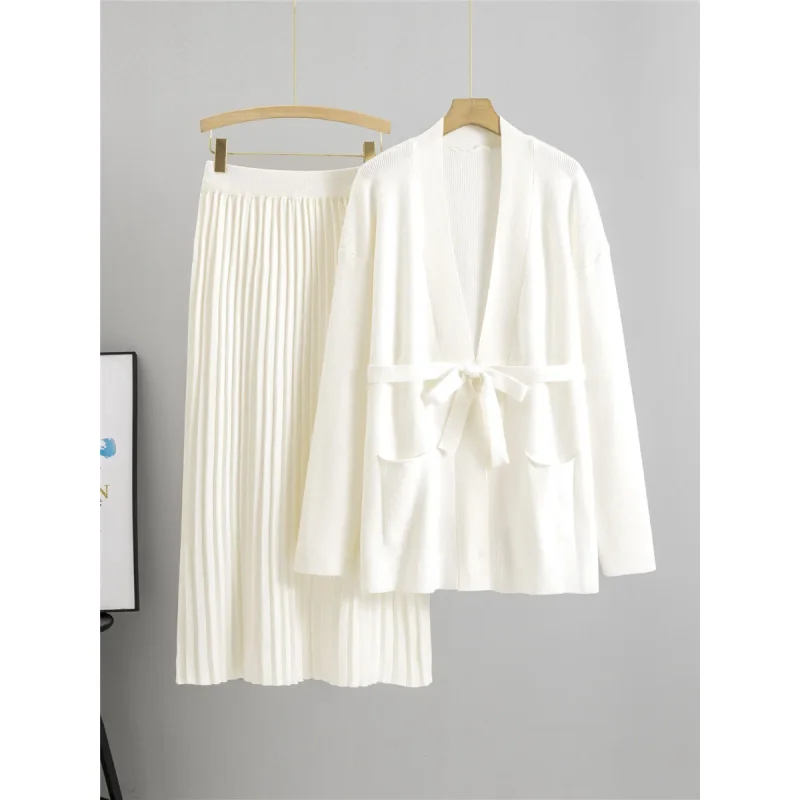 

Elegant Design Loose Knitted 2 Piece Sets Women Knitwears New Sweater Cardigan Tops Conjuntos High Waist A-lined Skirts Outfit