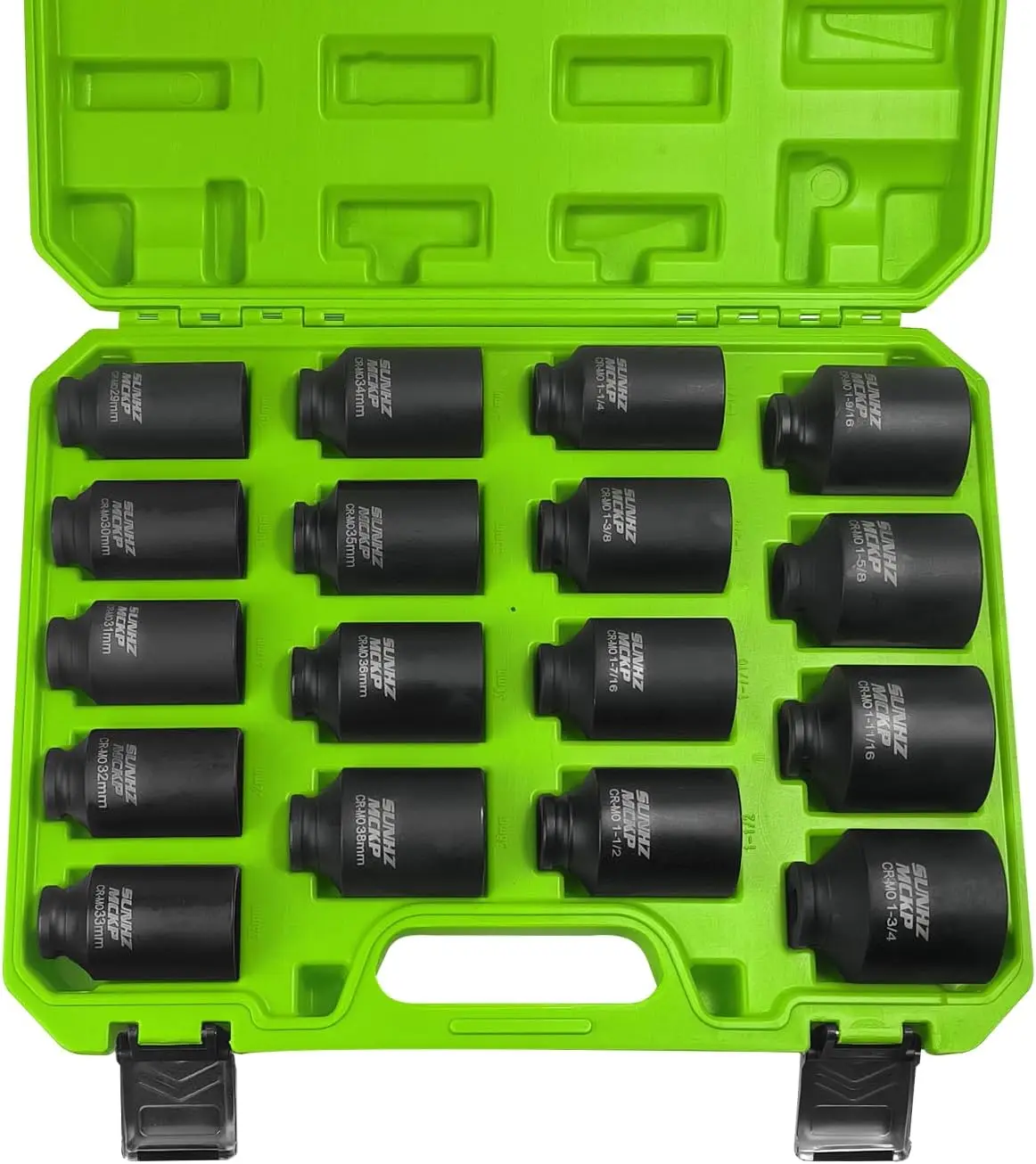 12 Drive 17 Piece Deep Impact Socket Set Spindle 6 Point Axle Nut Sockets Standard SAE 1 14 Inch to 1 34 Inch Metric 29mm 38mm L