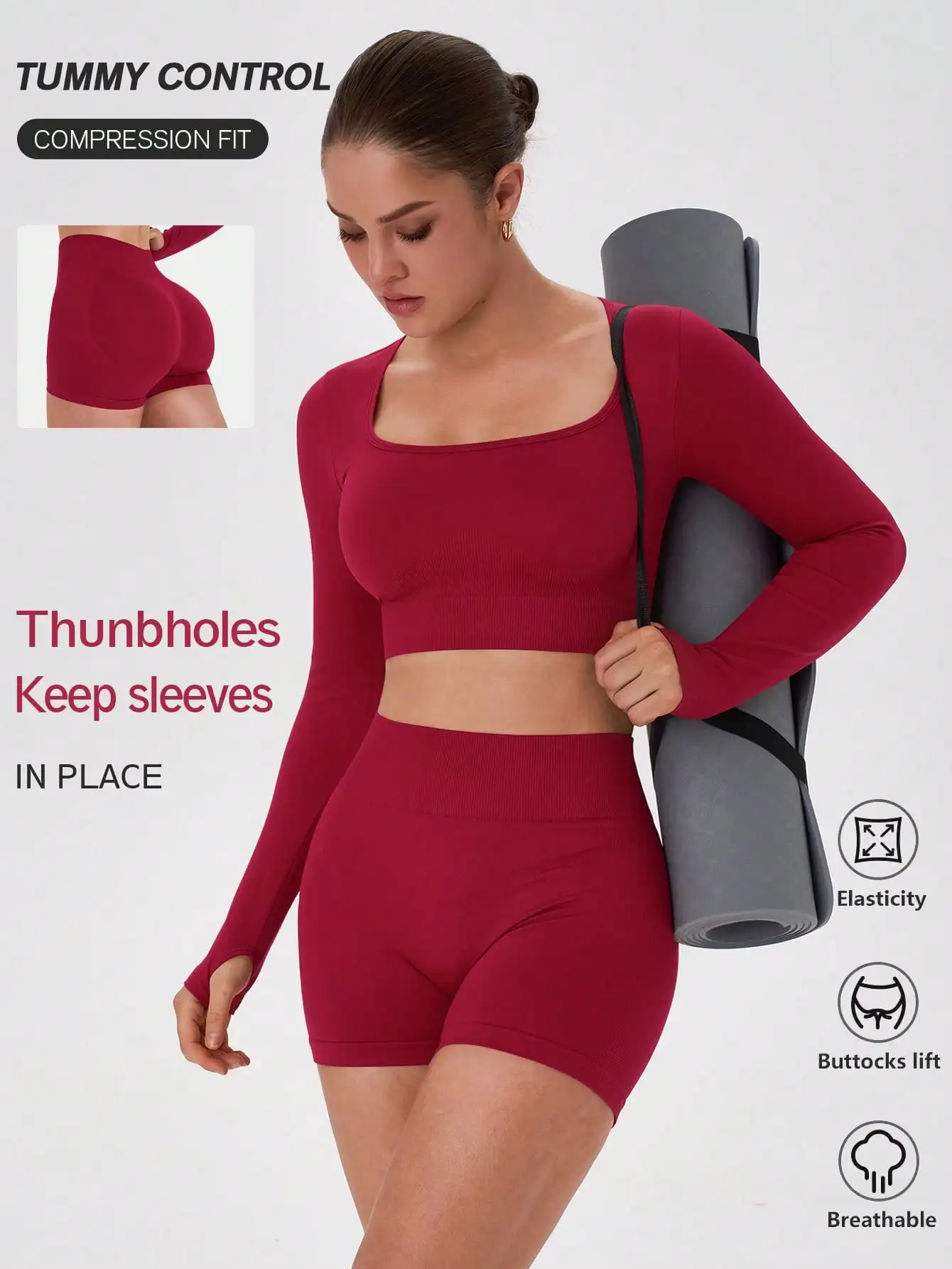 Ensemble de yoga sans couture ajusté pour femmes, haut court à manches longues, short taille haute pour l'entraînement