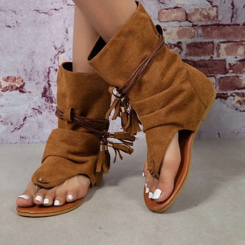 Damen-Sandalen: Neue Retro-Slipper mit Quasten, flache Sommerstiefel, Outdoor-Zehenstegschuhe, Strand-Sandalen für Damen, Übergrößen, offene Zehenpartie