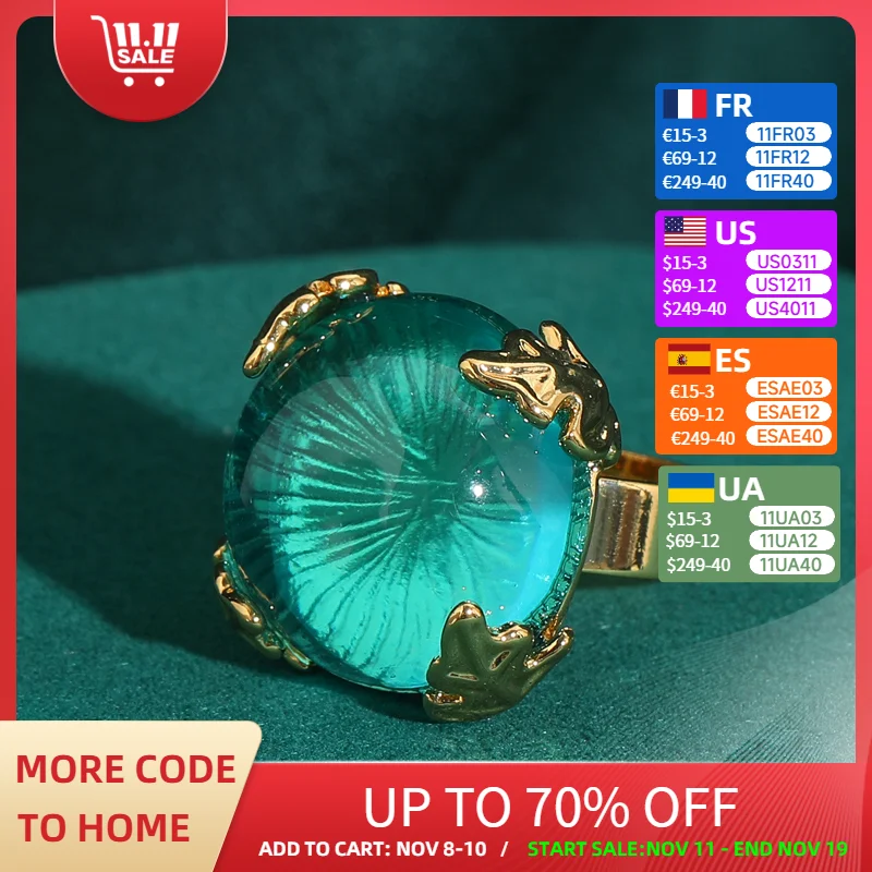 

Vintage Round Blue Rings For Girls Glass Cat Eye Gold Color Luxury Brands Jewelry 2025 Trending Woman Antique Accessories