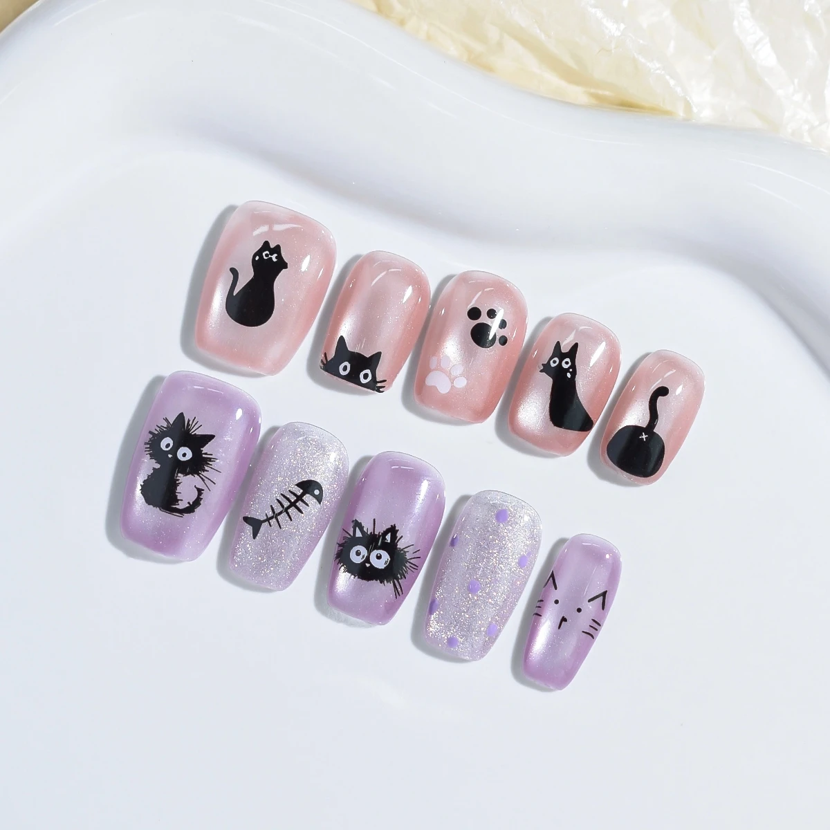 3/6/12 Blatt 3D Geprägte Schwarze Katzen-Nagelaufkleber Niedliche Cartoon-Kätzchenpfoten Fischgrätenmuster Selbstklebende DIY-Nagelsticker – Detail 10