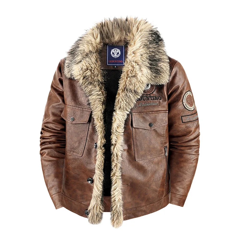 plus Size Men's Winter Leather Jacket PU Motorcycle Style European American Men's Coat Mountain Carving Seat Design
