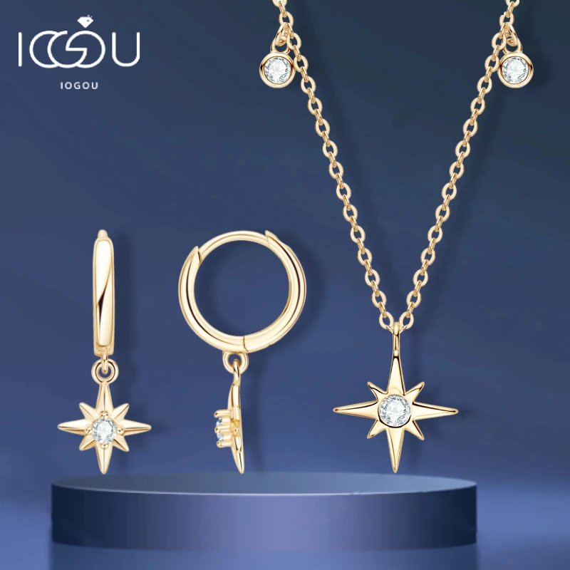 18K Gold Plated 925 Silver Charm Jewelry Set Octagonal Star Moissanite Pendant Necklace Hoop Earrings Set for Women Girls Gift