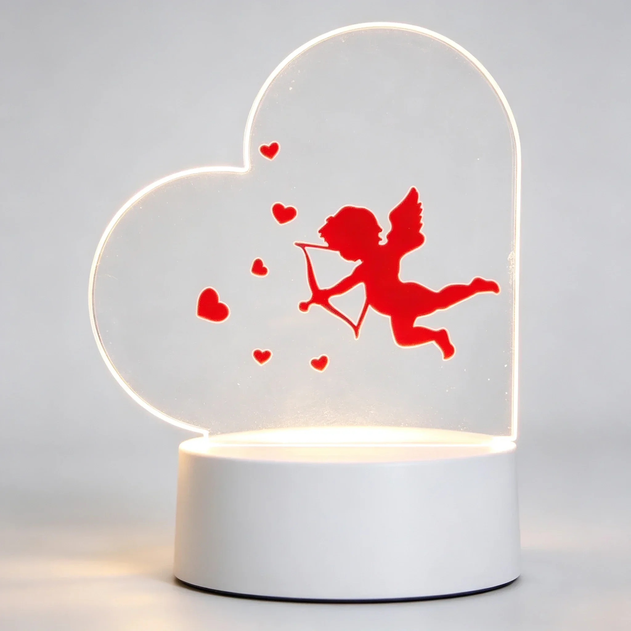 Heart Shape Cupid Arrow Acrylic 3D Night Light USB Powered Love Pattern LED Bedside Lamp