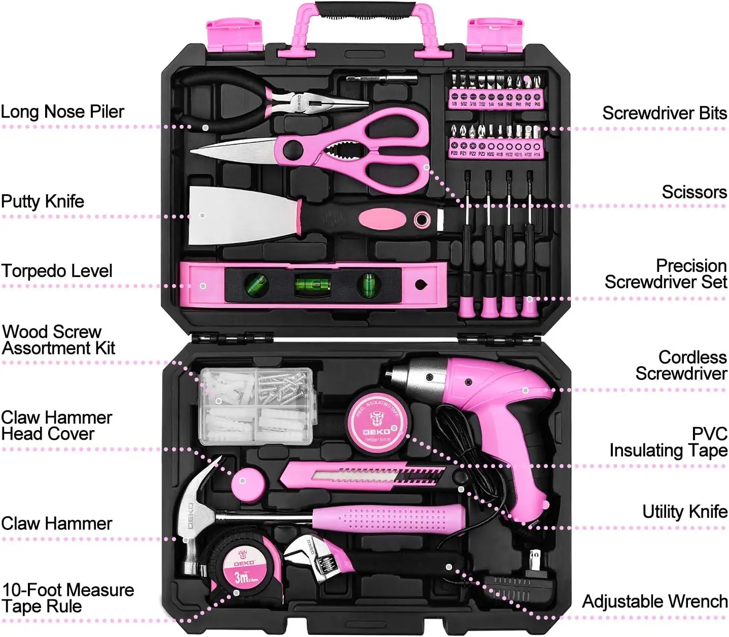 DEKO Pink 98 Piece Tool Set,General Household Hand Tool Kit with Plastic Toolbox Storage Case