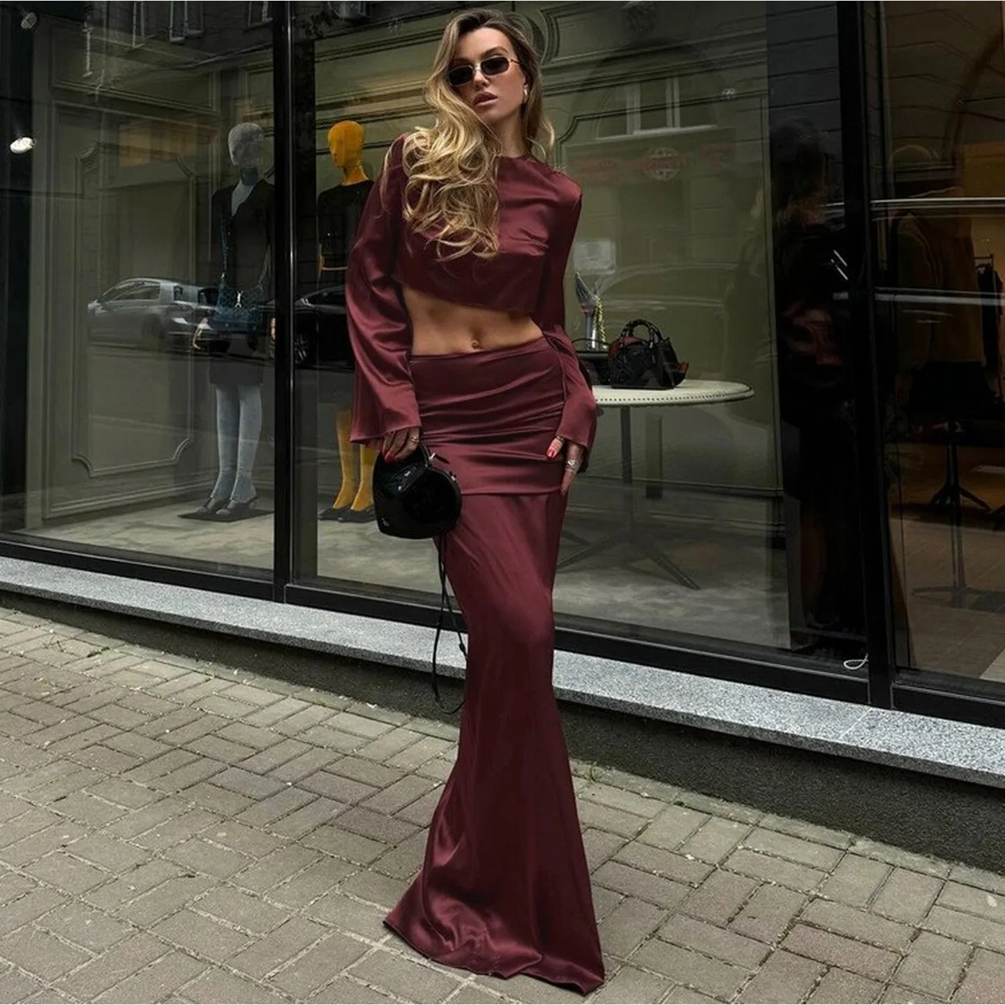 

Sexy Satin Long Skirt Set Top Belly Bared Drapey Wrap around Skirt Winter Faion Women's Ensemble Autumn