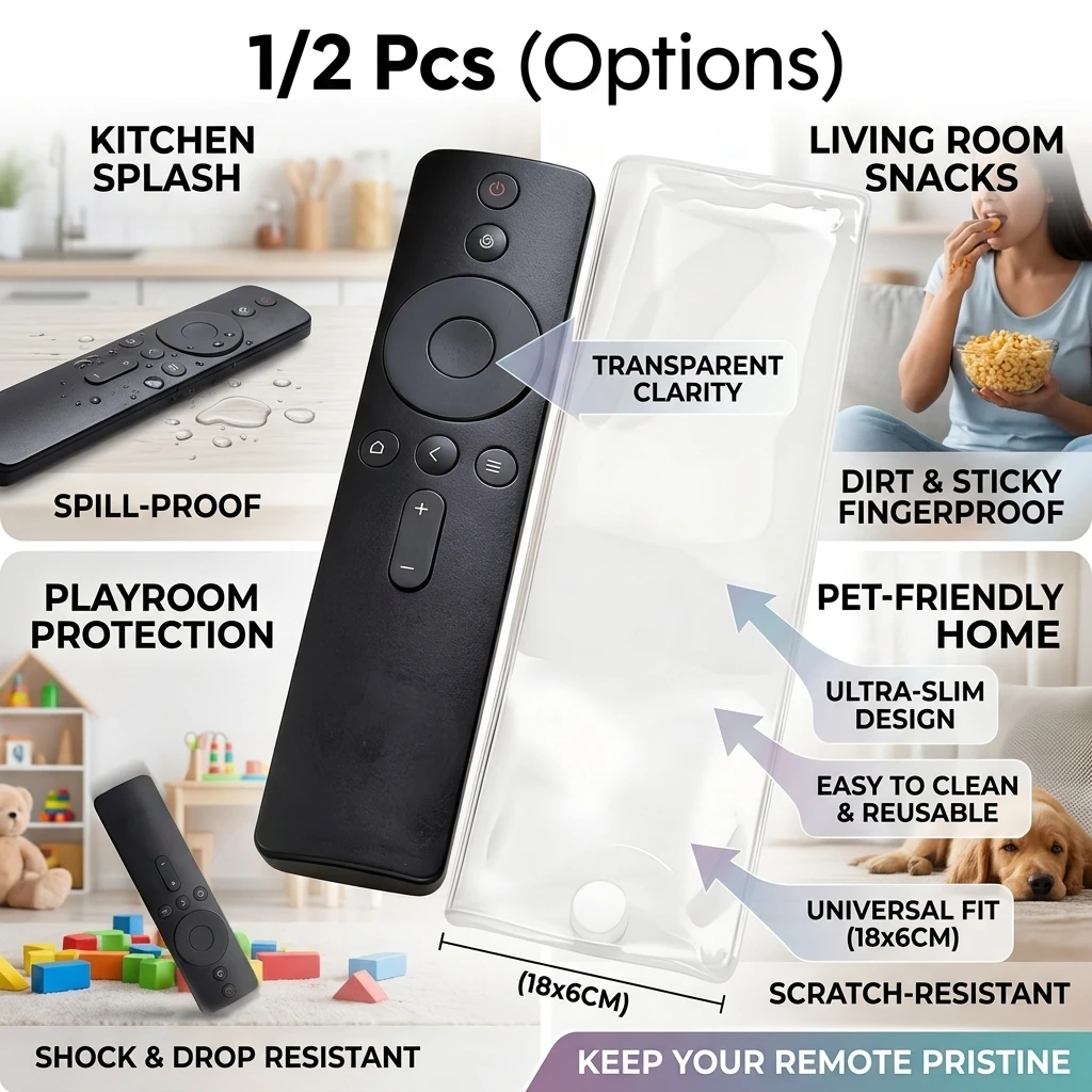 1/2Pcs Silicone TV Air Condition Remote Control Protective Case Transparent Waterproof Dust-proof Storage Bag 18x6 cm/8 x 20 cm