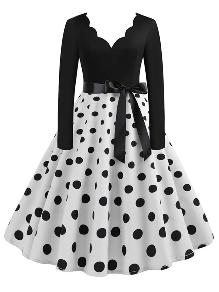 Vrouwen Vintage Lange Mouw Polka Dot Jurk Lente Herfst Nieuwjaar Feestjurken 3XL Zwart Vestidos