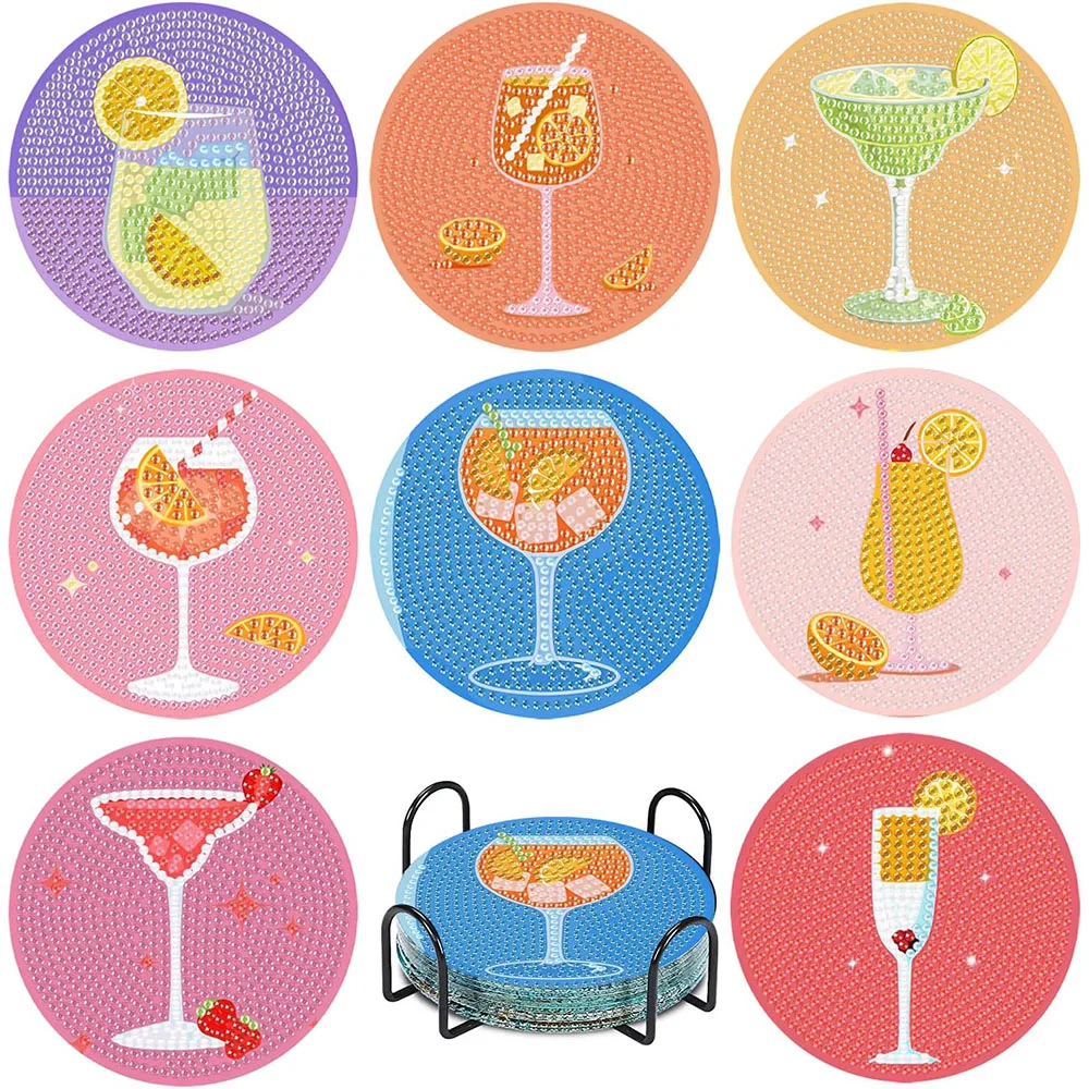 8PCS Retro Diamond Painting Coaster Kits Vintage Cocktail Diamond Art Coasters with Holder 5D DIY Full Drill Diamond Art Kits